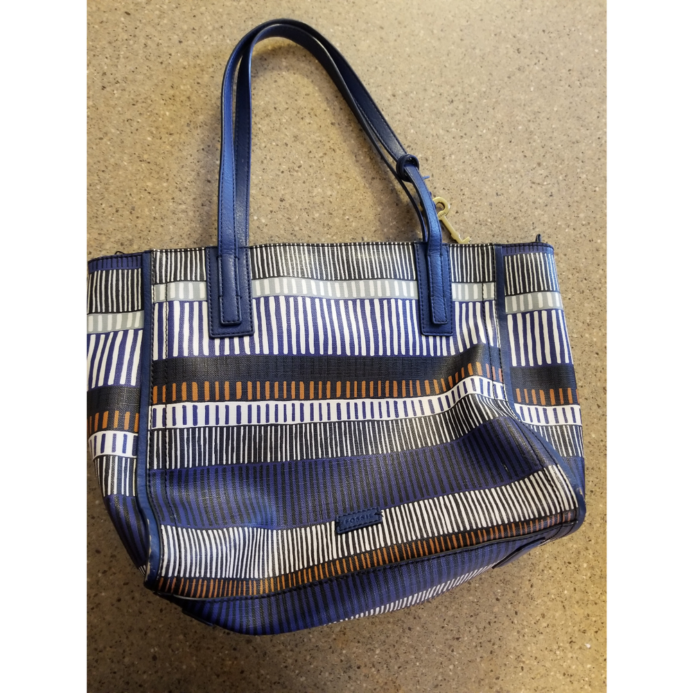 Fossil Emma Blue Stripe Print Large Shopper Tote Shoulder Bag Purse